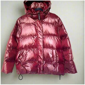 Sanctuary Hooded Premium Down Puffer Coat Womens XL Red Short Zip Shiny Nylon